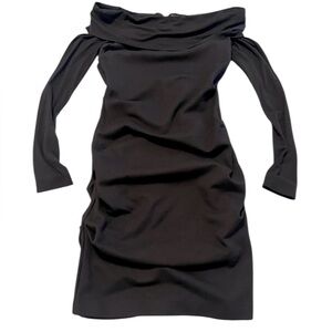 Nicole Miller Artelier Cali Ponte Dress Black Ruched Off-Shoulder Bodycon Med